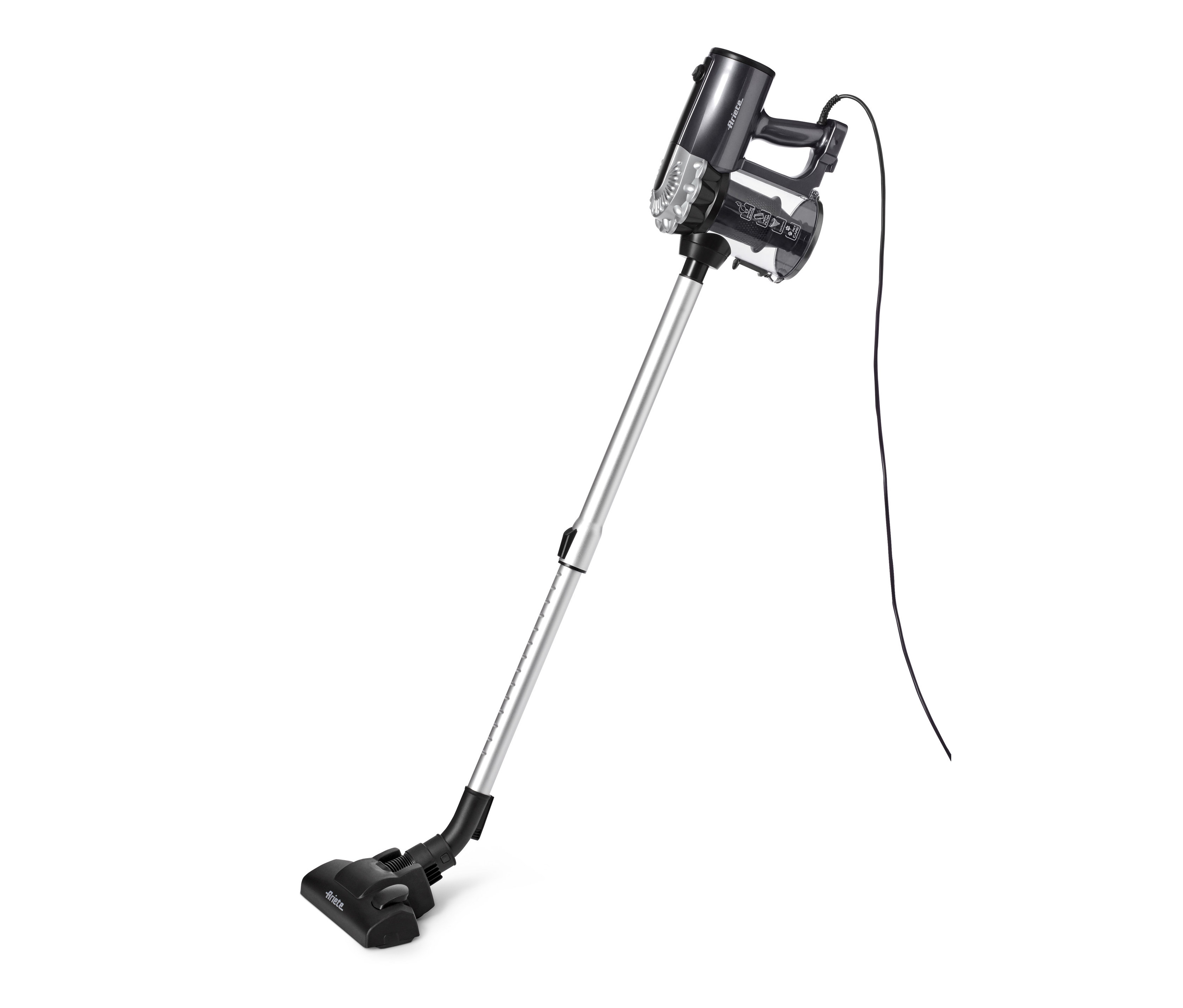 Ein schwarz-silberner Stielstaubsauger mit 600 Watt und Kabel auf weißem Hintergrund.