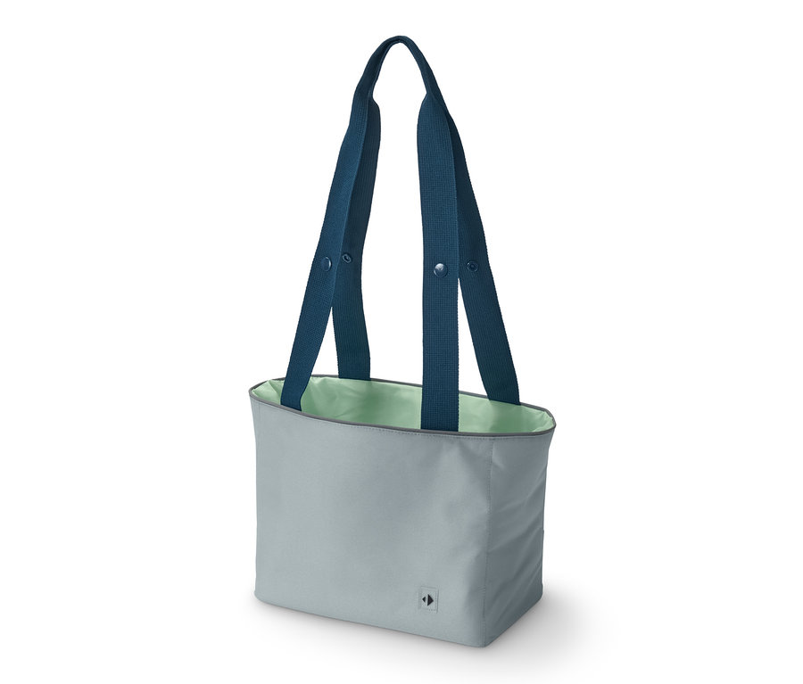 Graue Fahrradlenker-Tasche mit blauen Trägern.