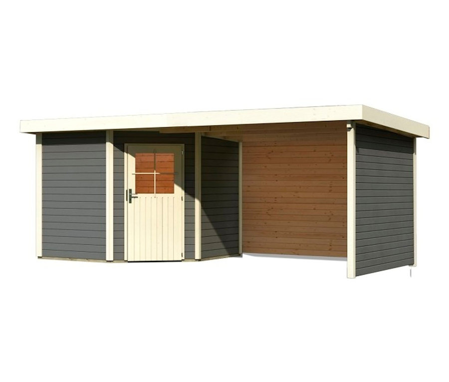 Abgebildet ist ein Karibu Gartenhaus mit 3,20 m Vordach, 28 mm (Neeltje).