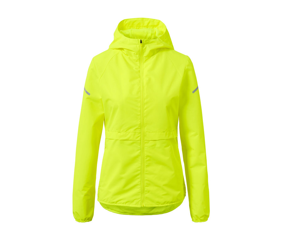 Gelbe Windprotection-Laufjacke mit Reissverschluss und Kapuze.