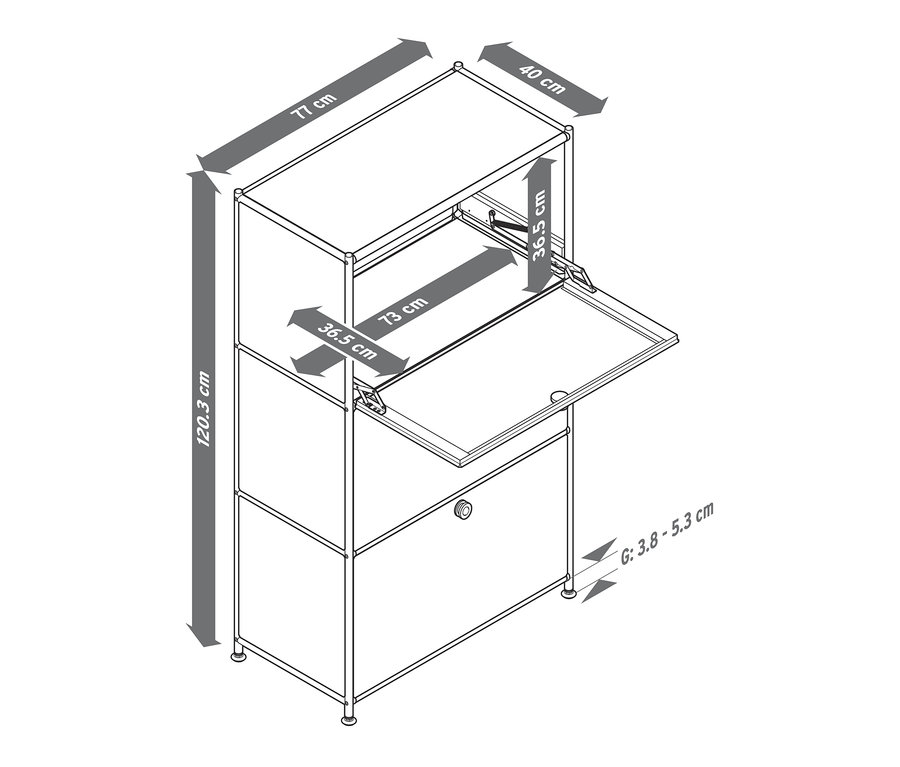 Eine Skizze der Kommode »CN3« mit 3 Klappfächern und den Abmessungen.
