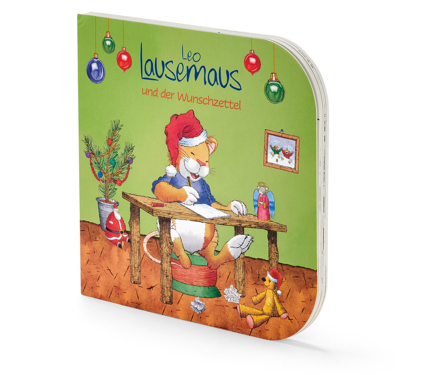 Das Buch Leo Lausemaus und der Wunschzettel zeigt ein Bild von Leo Lausemaus, der einen Brief an das Christkind schreibt.