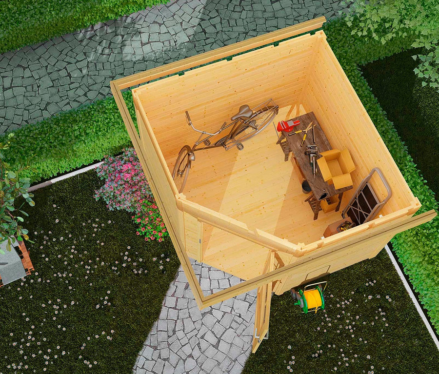 Draufsicht auf ein Karibu Gartenhaus mit 3,20 m Anbaudach, 28 mm (Neeltje), im Inneren befinden sich ein Fahrrad, ein Tisch und Werkzeuge.