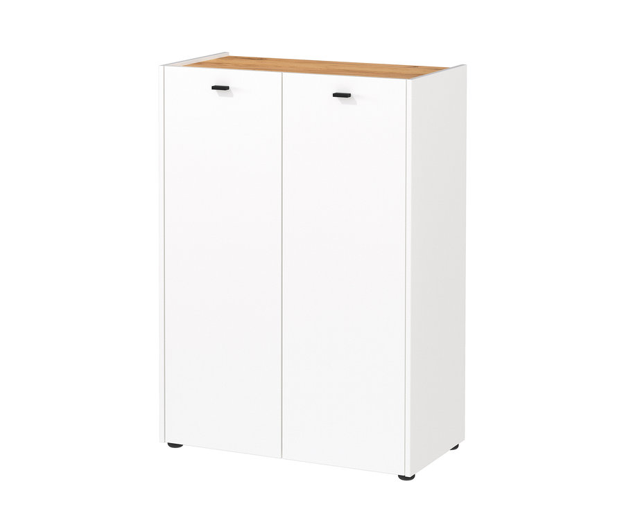 Weißer Schuhschrank »Lucena« mit zwei Türen und einer Holzplatte oben.