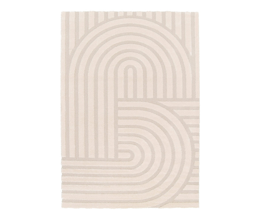Beiger Teppich »Cosmo« mit abstraktem geometrischen Muster aus Bögen und Linien.