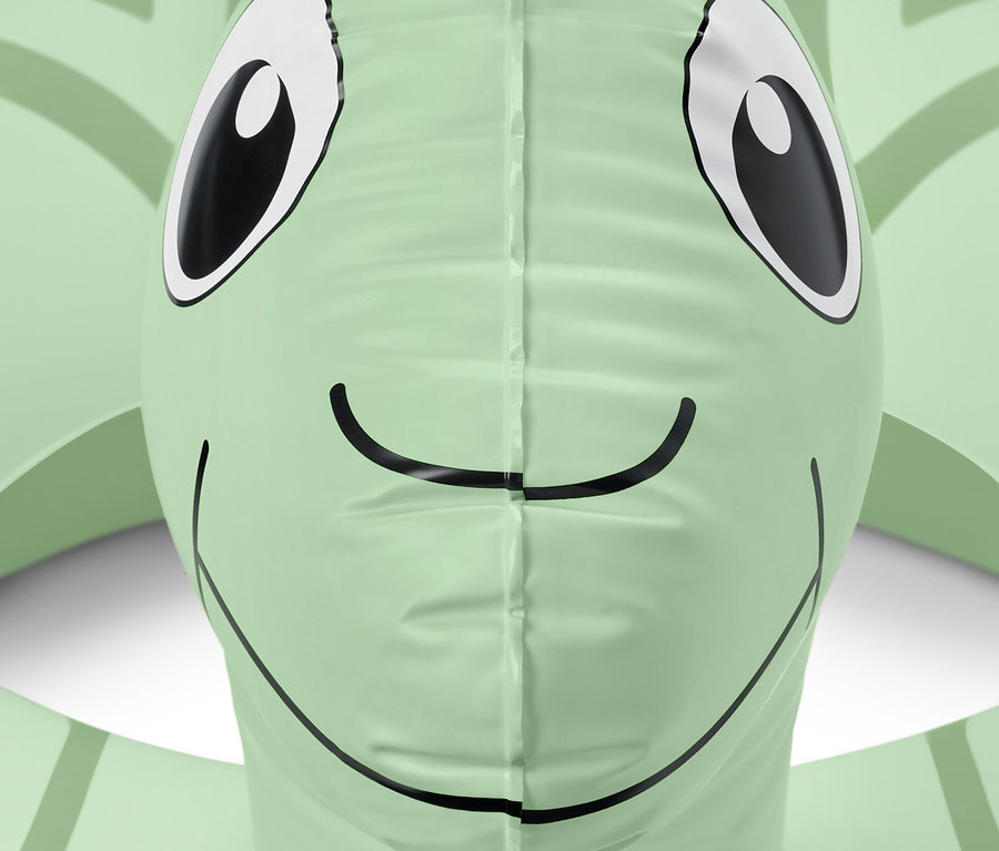 Detailansicht eines grünen Schwimmrings »Schildkröte« mit Augen und einem Lächeln.