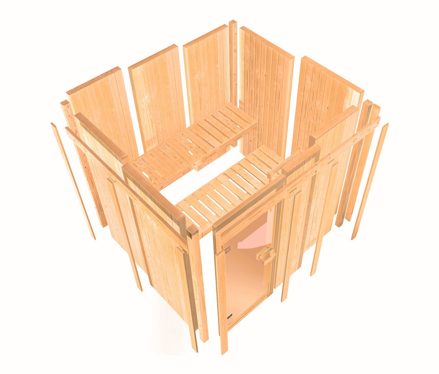 Unvollständige Karibu Sauna mit Holzpaneelen, Tür und Bänken vor einem weißen Hintergrund.