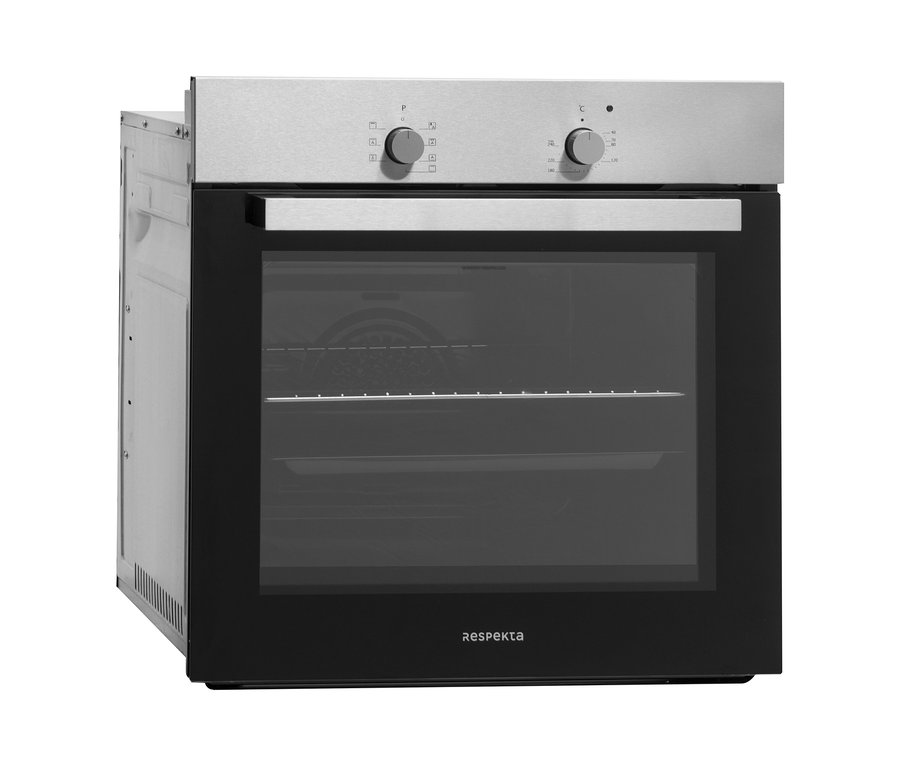 Frontansicht des Respekta Einbaubackofens »AB 120-33« mit schwarzer Glasfront und Edelstahl-Bedienfeld.