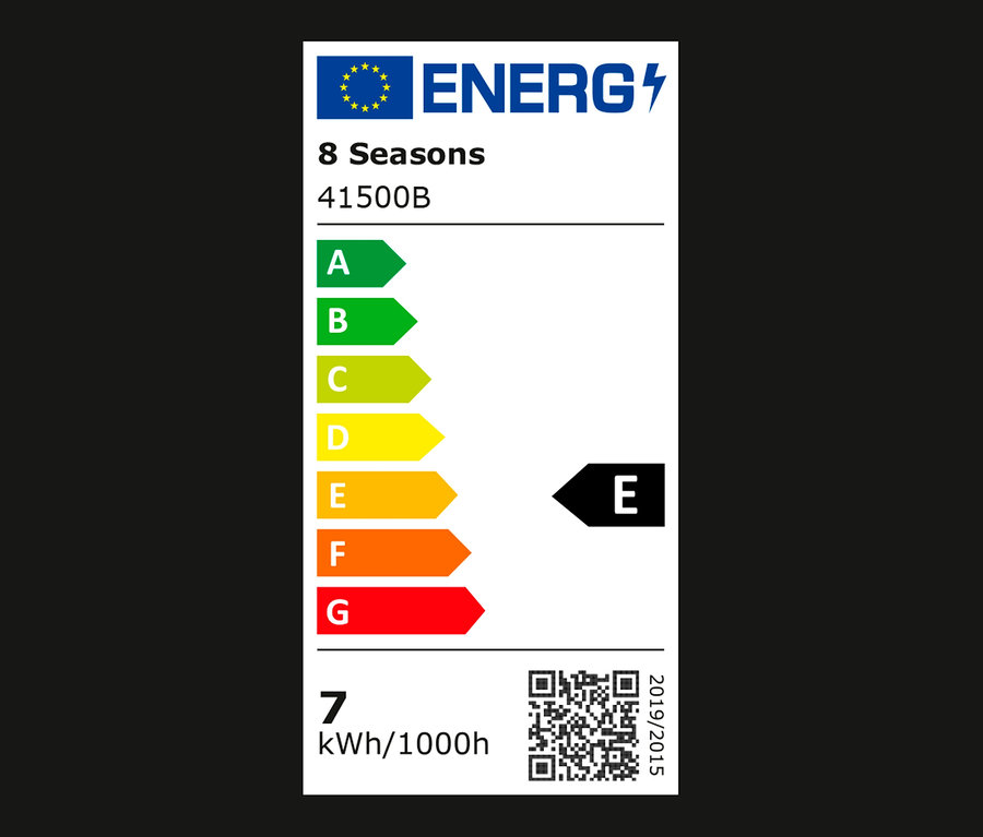 Ein Energieetikett mit Energieeffizienzklassen von A bis G und einem QR-Code.
