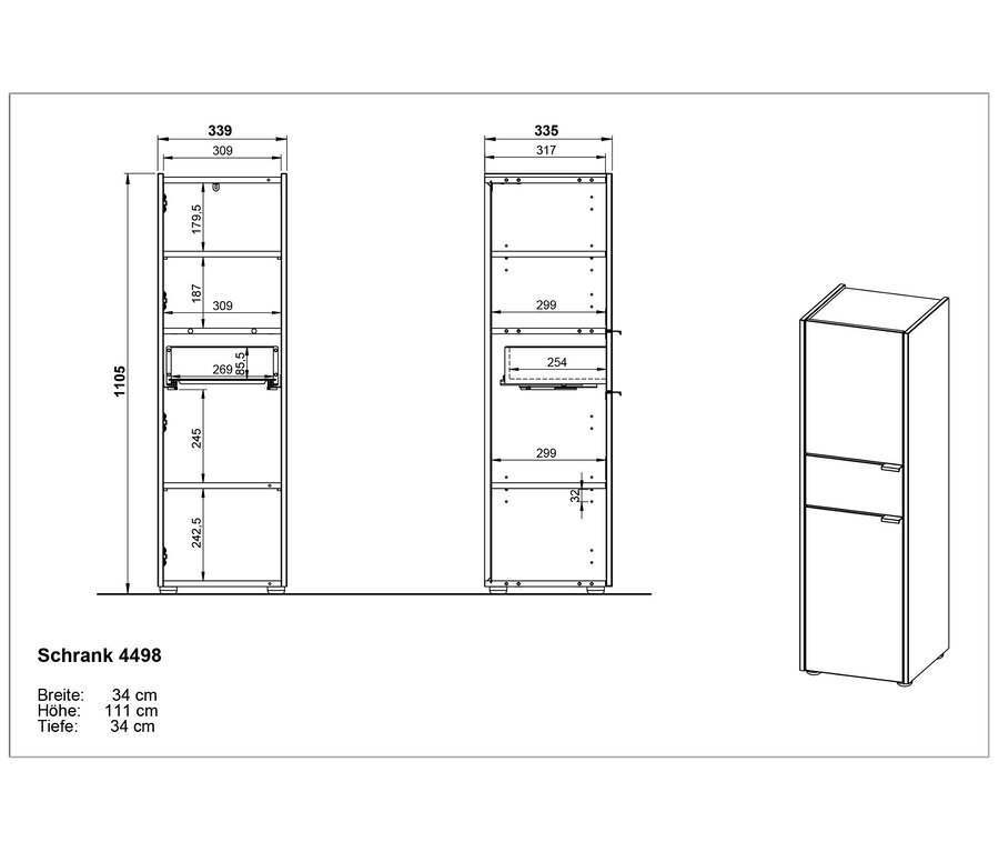 Abbildung von drei Schränken "Aalborg". Zwei Schränke sind als Bauplan mit Maßen dargestellt, ein Schrank ist perspektivisch abgebildet.