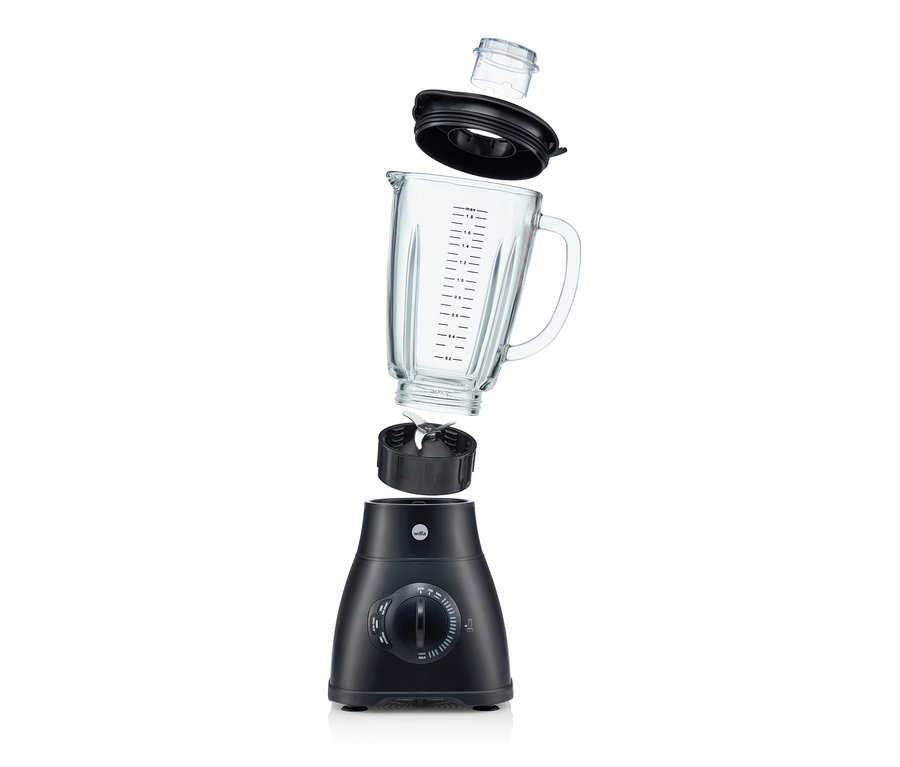 Ein zerlegter, schwarzer WILFA Standmixer »XPLODE AUTO«, 1,8 l.