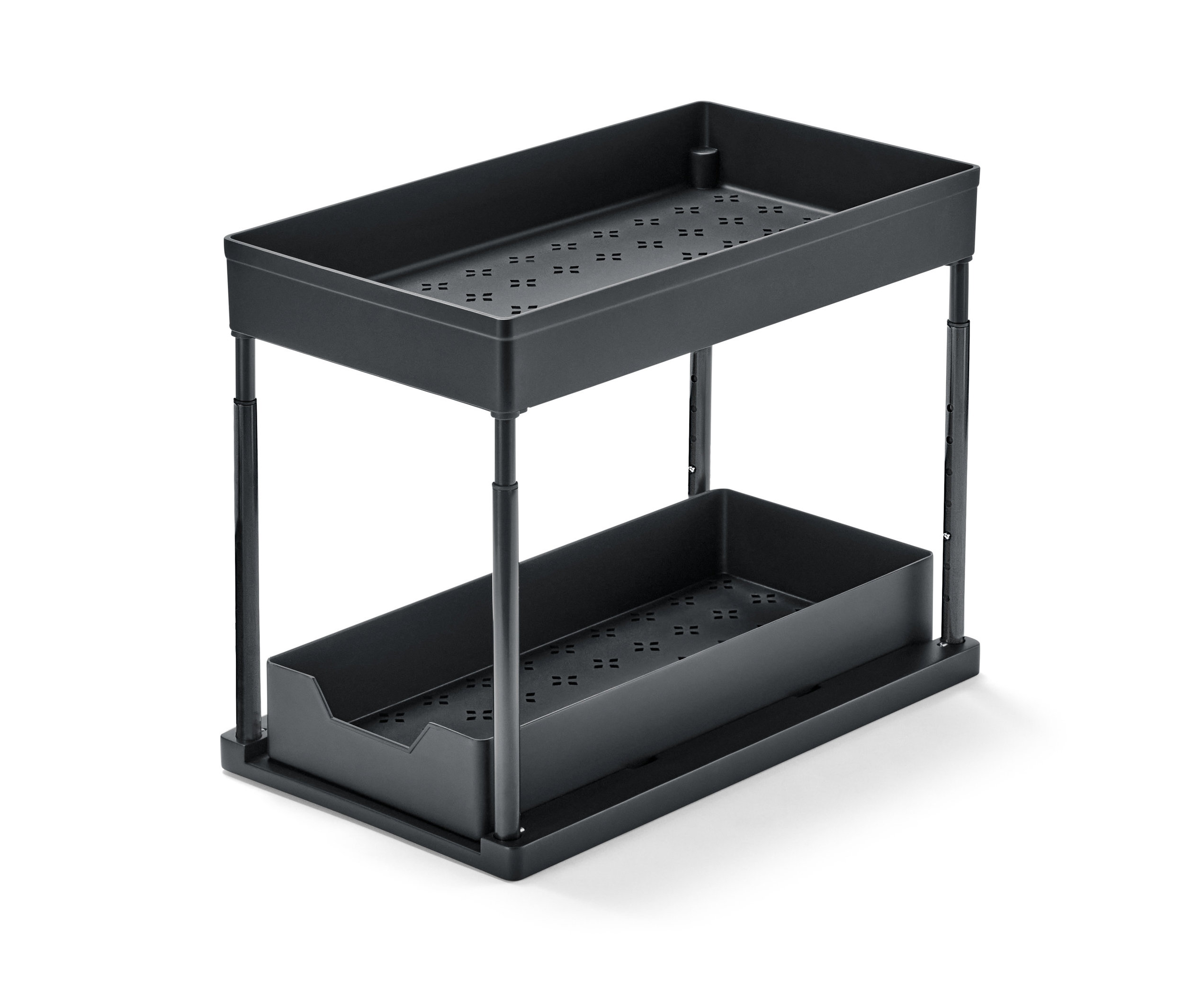 Schwarzer Schrankauszug mit höhenverstellbaren Regalen.