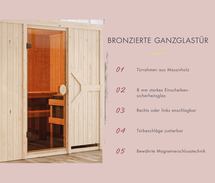 Karibu Fasssauna Frieda 3 mit Glastür.