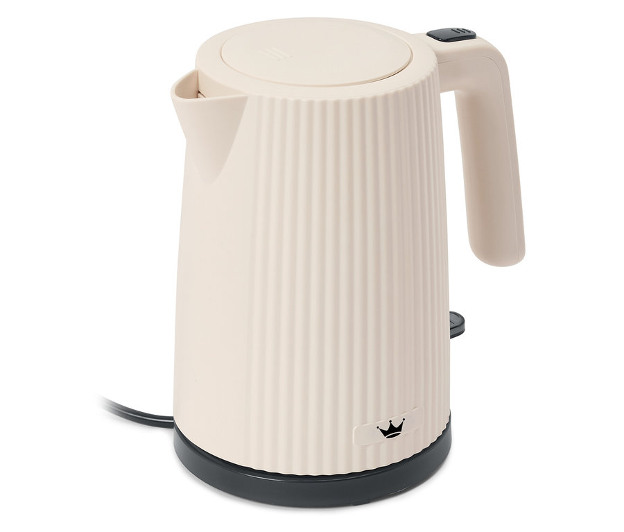 Ein cremefarbener Wasserkocher mit vertikalen Rippen am Gehäuse und einem schwarzen Sockel.
