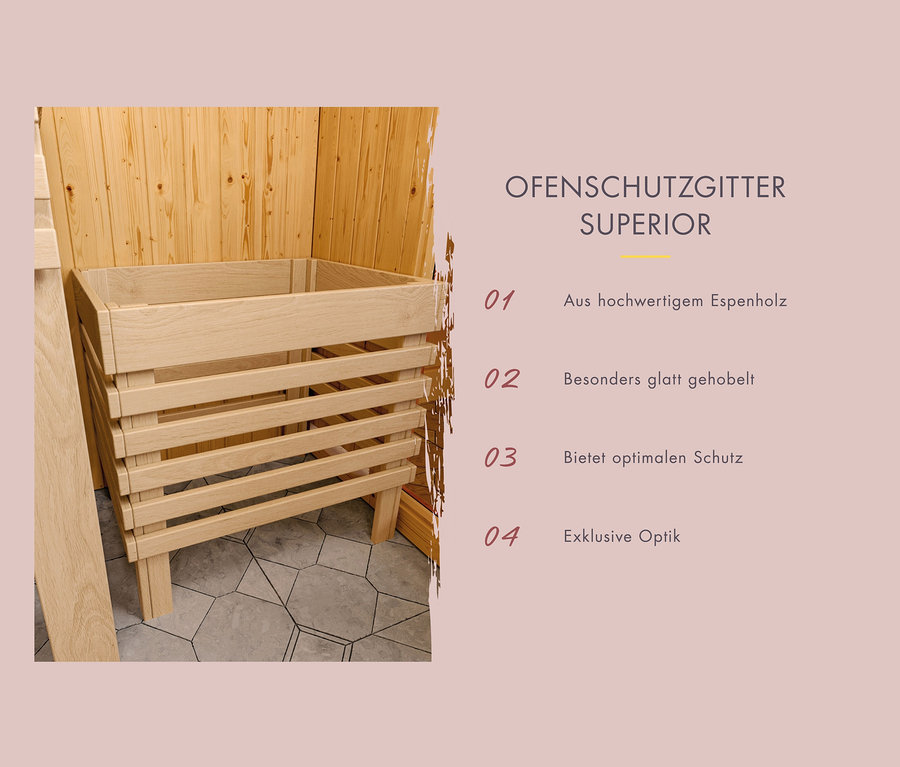 Helles Karibu Sauna »Ayla«, Eckeinstieg Ofenschutzgitter.