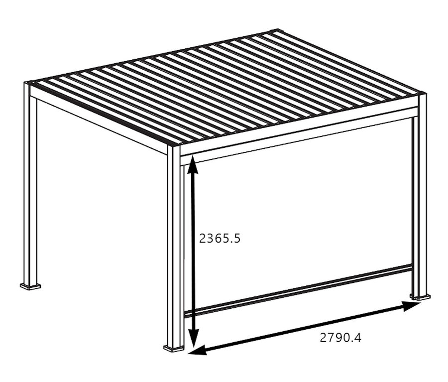 Illustration einer anthrazitfarbenen Leco Premium Pergola, 3 x 4 m, inklusive 2 Seitenwänden.