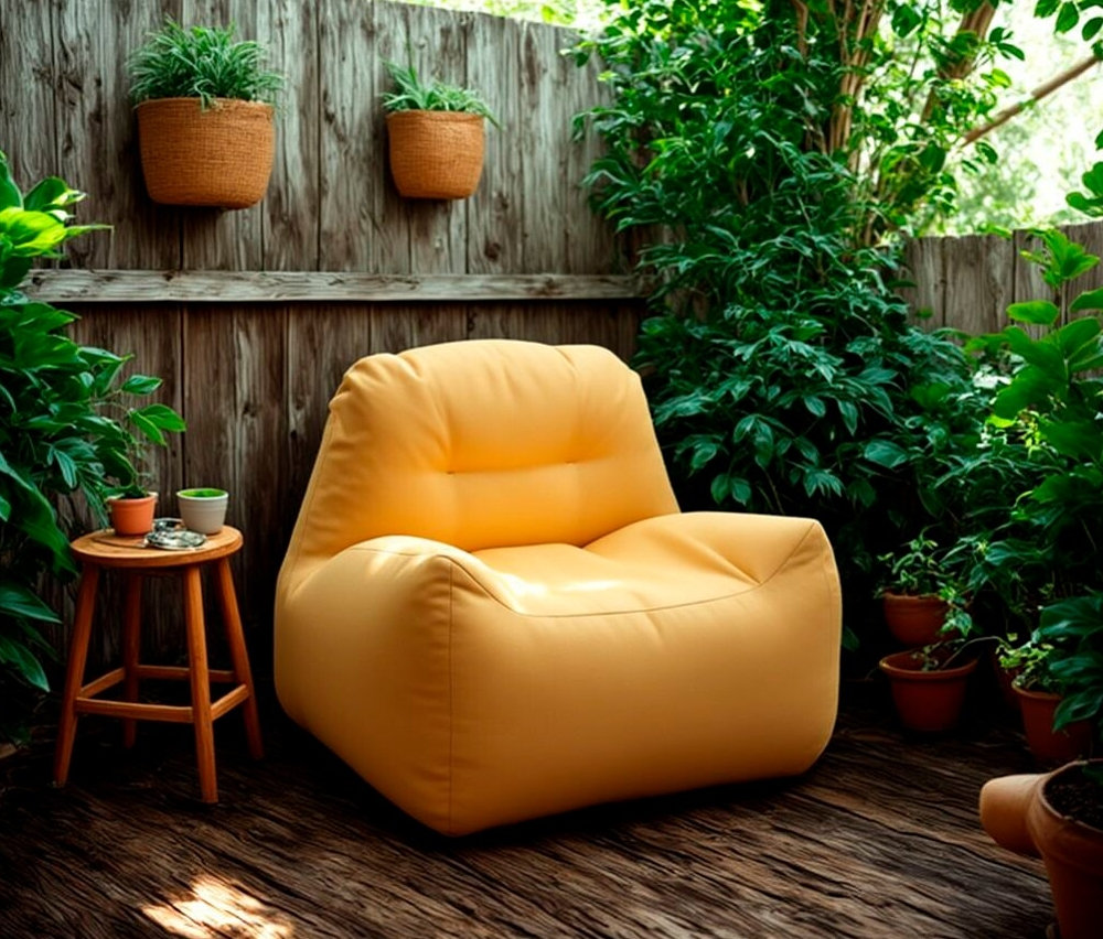 Gelber DOMO collection Loungesessel mit Sunbrella®-Stoff, Sunlight auf Holzterrasse vor Holzzaun.