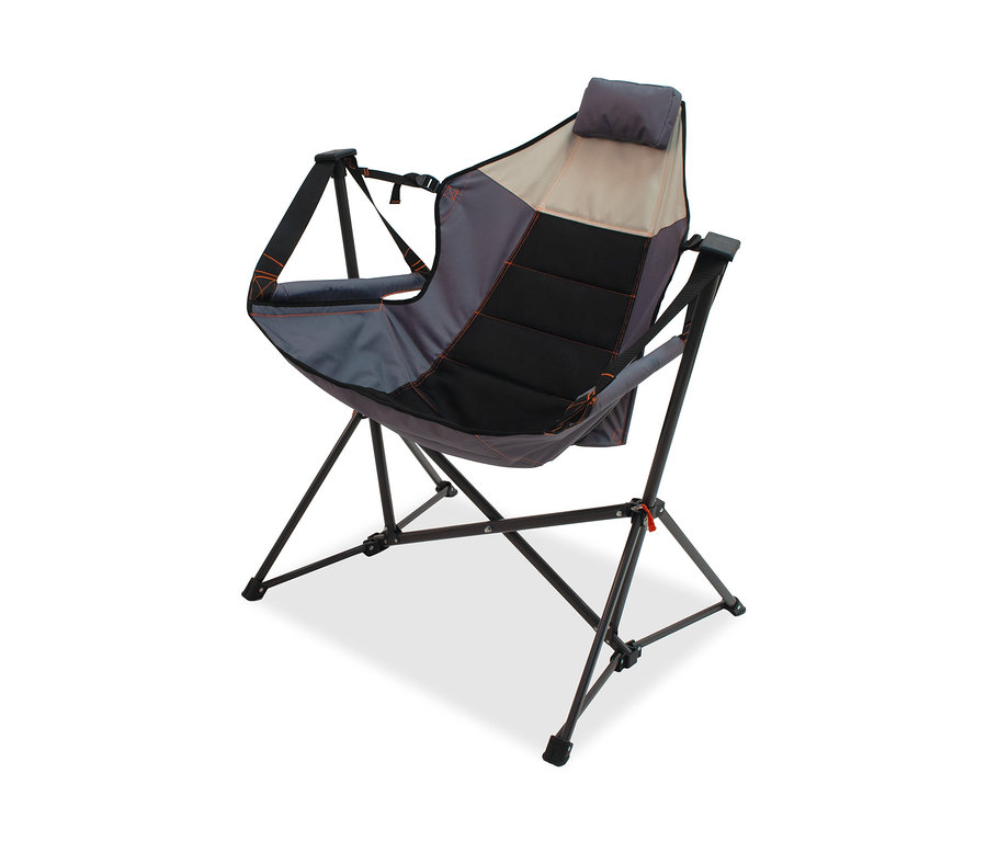Grauer Rio-Brands-Camping-Hängestuhl mit schwarzen Akzenten und Kopfstütze.