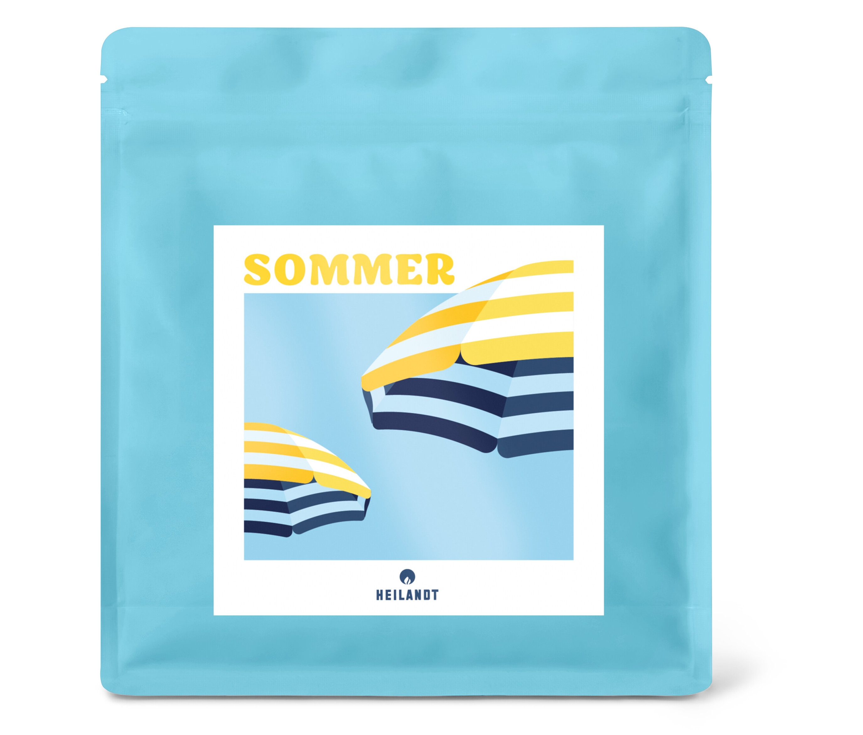 Blaue Packung Heilandt - Sommer Omni-Roast - 250 g Ganze Bohne mit Bild von Strandschirme.