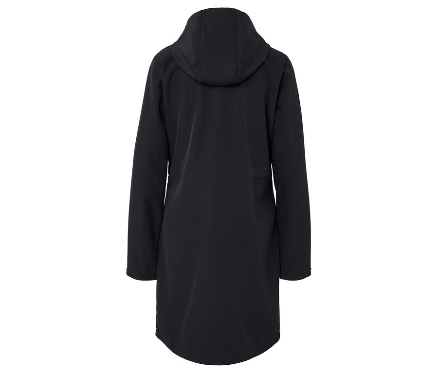 Schwarzer Mantel mit Kapuze, von hinten gesehen.