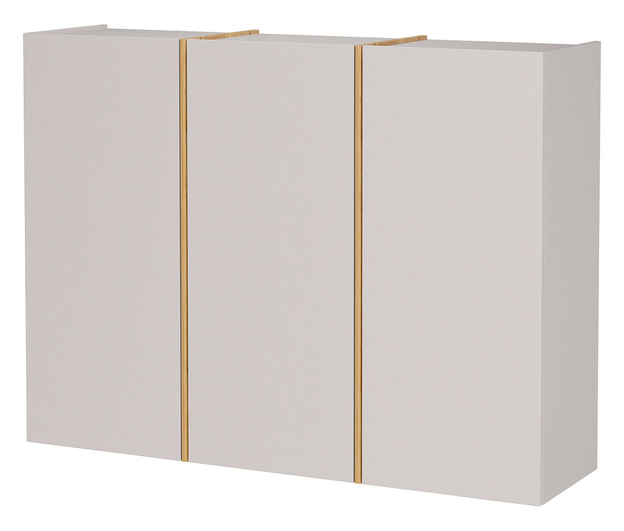 Ein Schrank mit drei Türen in Hellgrau mit dünnen goldenen Griffen in der Mitte jeder Tür.