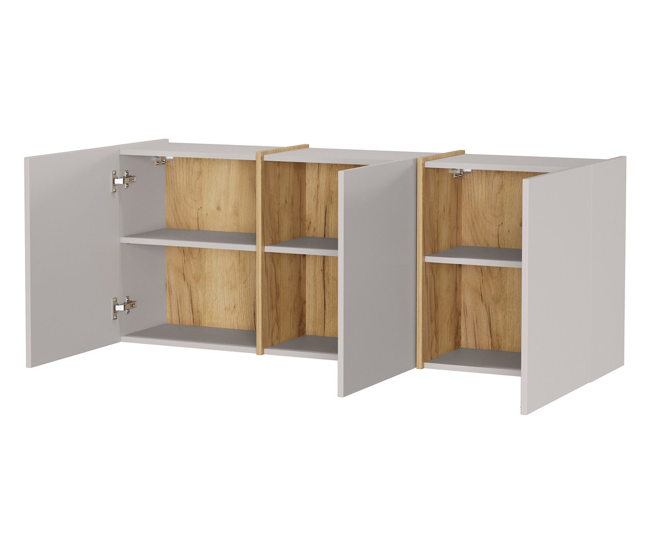 Hängeschrank mit zwei offenen Türen und Holzinnenraum.