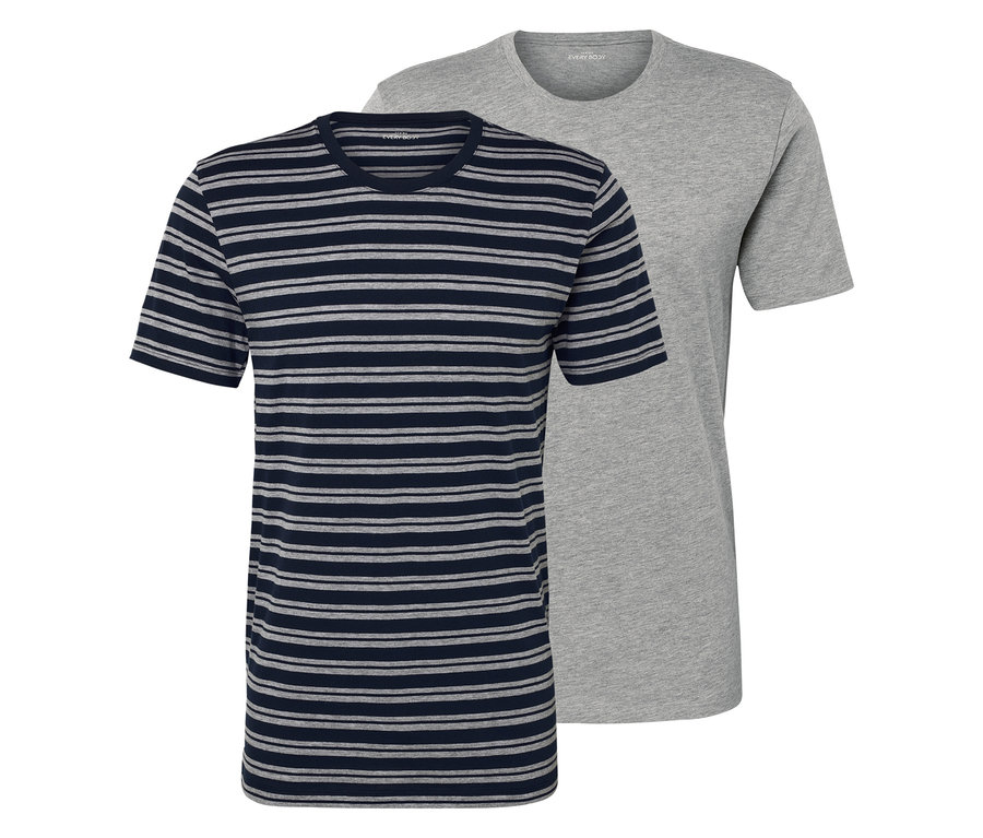 Zwei T-Shirts: eines mit blauen und grauen Streifen und eines in Grau.