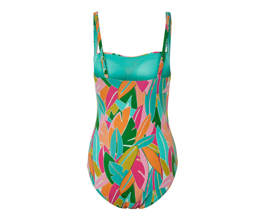 Detailansicht der Rückseite eines mehrfarbigen, figurformenden Badeanzugs mit Blattmuster.