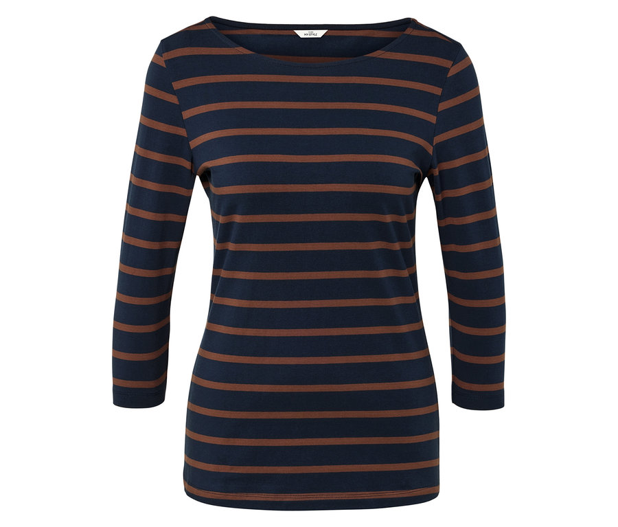 Gestreiftes Langarmshirt in Dunkelblau und Braun.