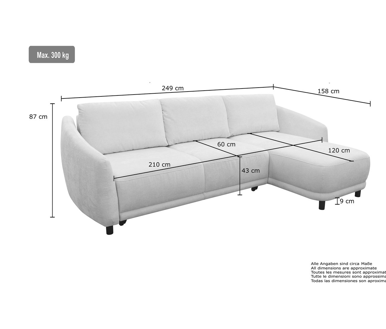 Abmessungen des grauen DOMO Ecksofas Longchair, linksbündig.