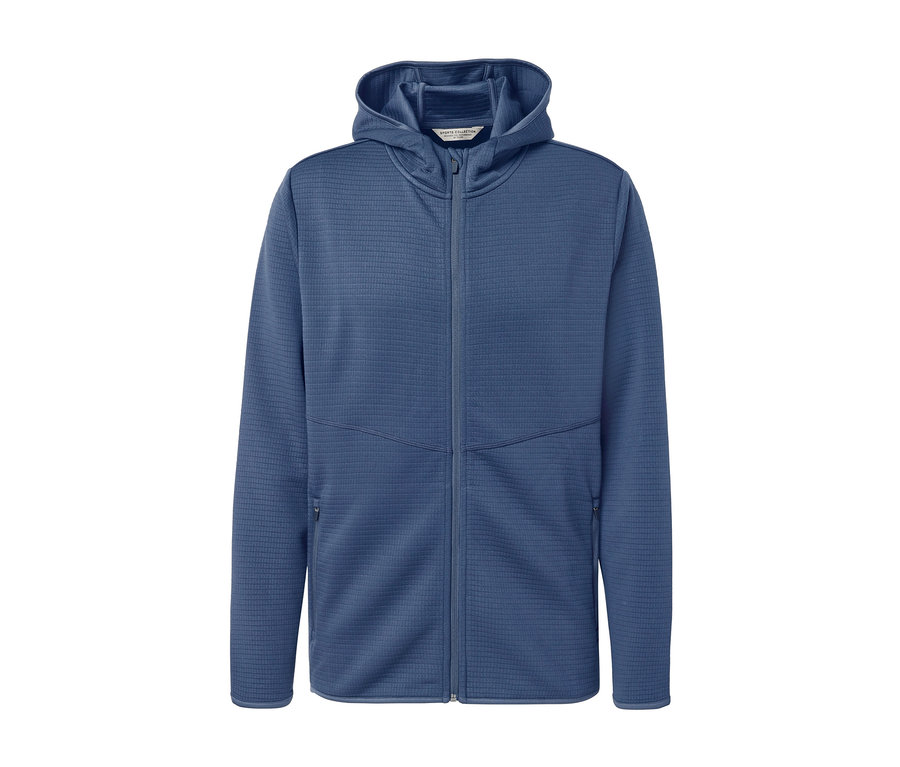 Eine blaue Funktionsjacke mit Kapuze und Reißverschluss.