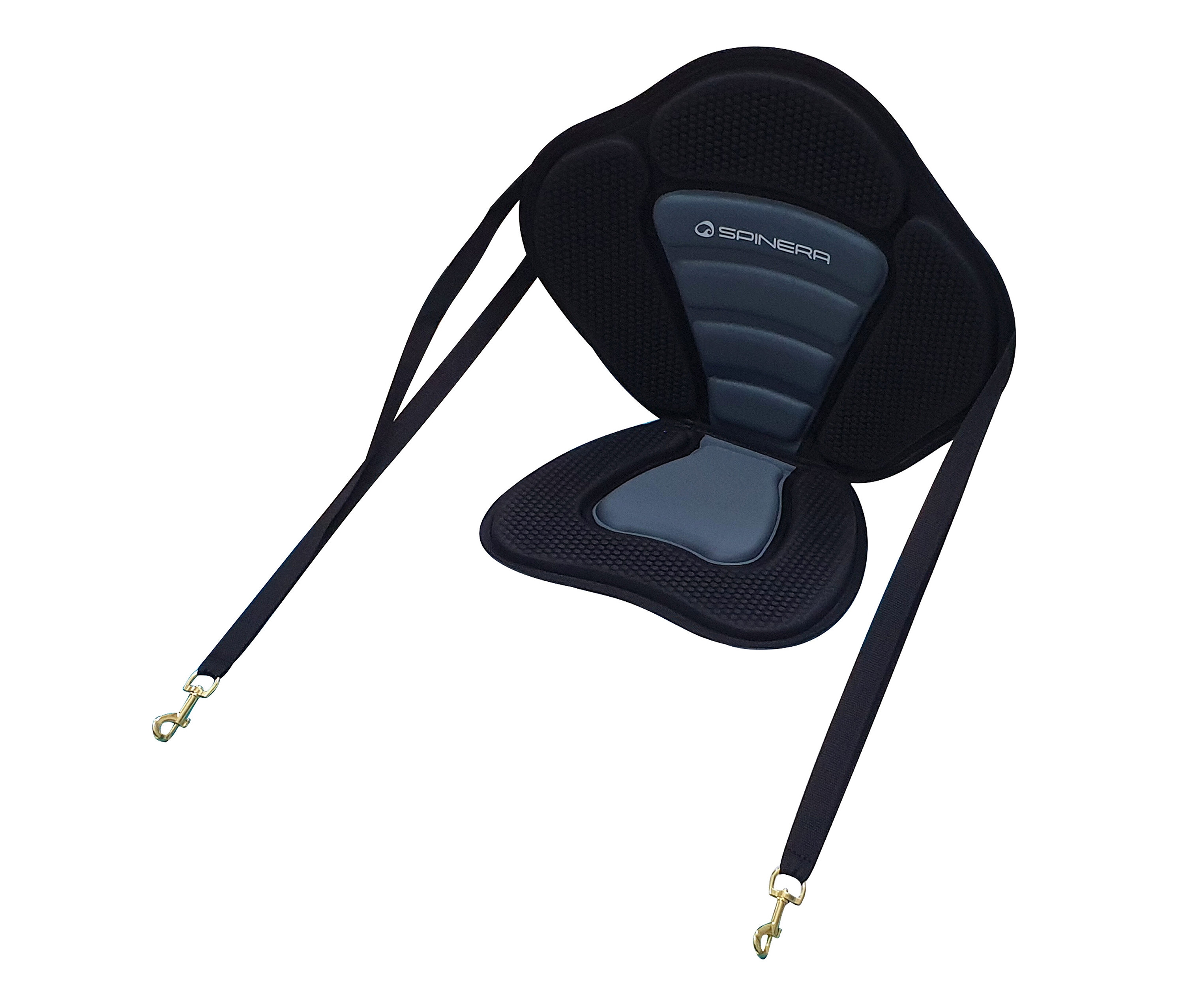 Schwarzer Spinera Performance Kajaksitz für SUPs und Kajaks mit Gurten und Karabinern.
