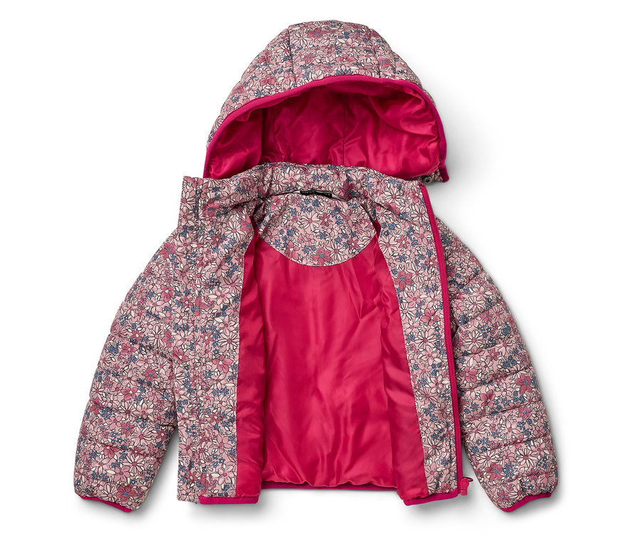 Geöffnete Kinder Steppjacke mit Kapuze, Blumenmuster und pinkem Futter.