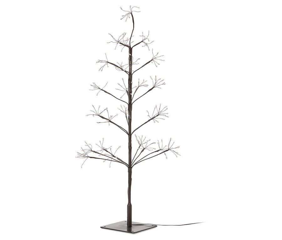 Dekorativer Baum mit braunem Stamm und Ästen mit kleinen Lichtern an den Enden, der auf einer quadratischen Basis steht.