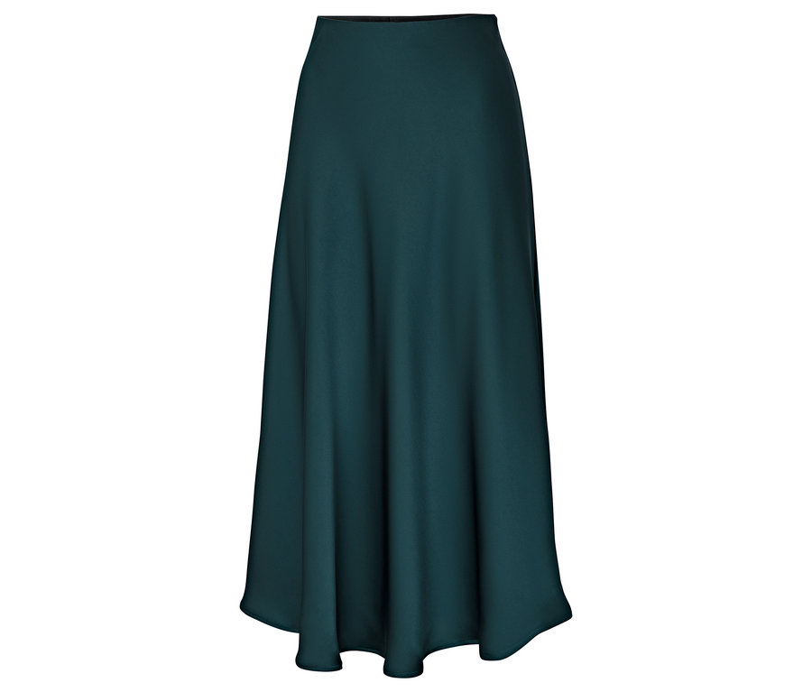 Abgebildet ist ein langer, fließender Rock in einem dunklen Grünton.