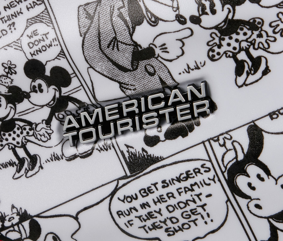 Detaildruck von American Tourister Wavebreaker »Minnie Mouse«, groß, mit Comicfiguren von Mickey Mouse und Goofy im Comic-Stil.