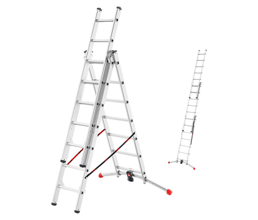 Zwei silberne Mehrzweckleitern stehen vor einem weißen Hintergrund.