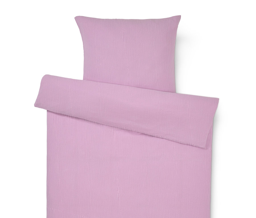 Nahaufnahme eines lila Bettbezug-Sets mit Kissenbezug.