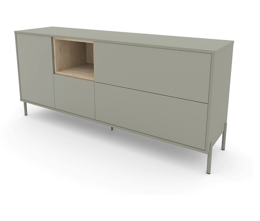 Salbeigrünes Sideboard »Hygge« mit einer Tür und einem offenen Holzfach steht auf Füßen.