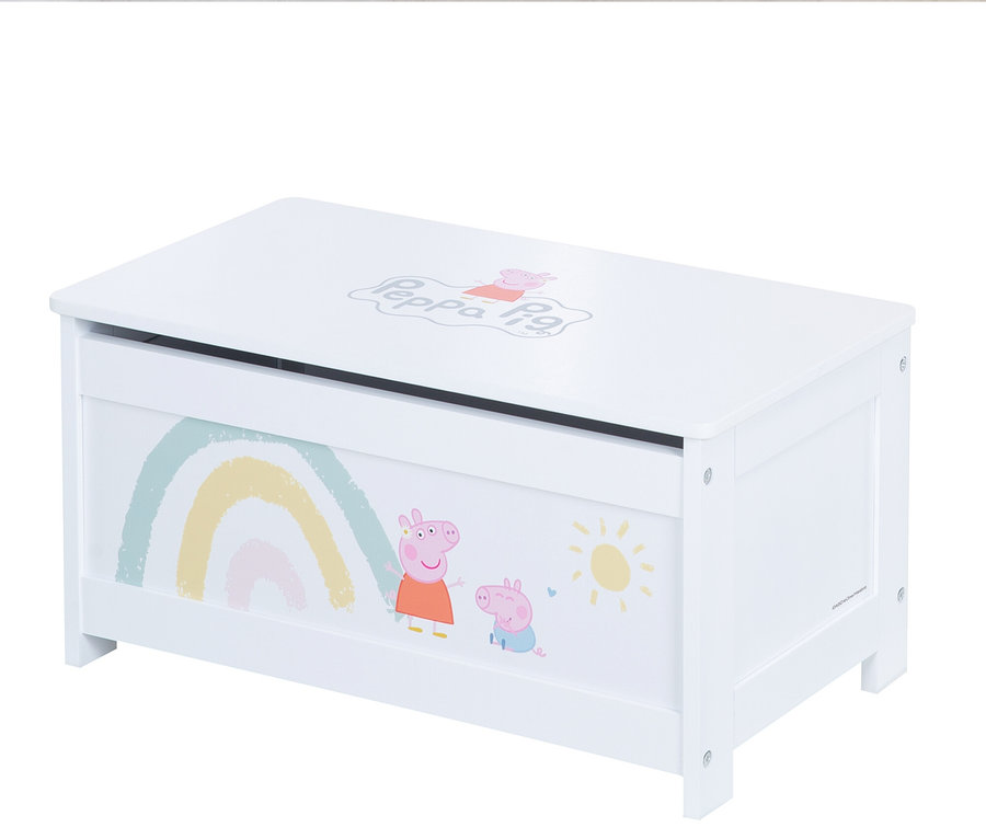 Weisse Spielzeugkiste mit Peppa Pig Abbildungen und Regenbogen.