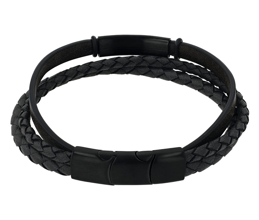 Nahaufnahme eines schwarzen Armbands mit zwei Reihen, einer glatten und einer geflochtenen, mit einem matten schwarzen Verschluss.