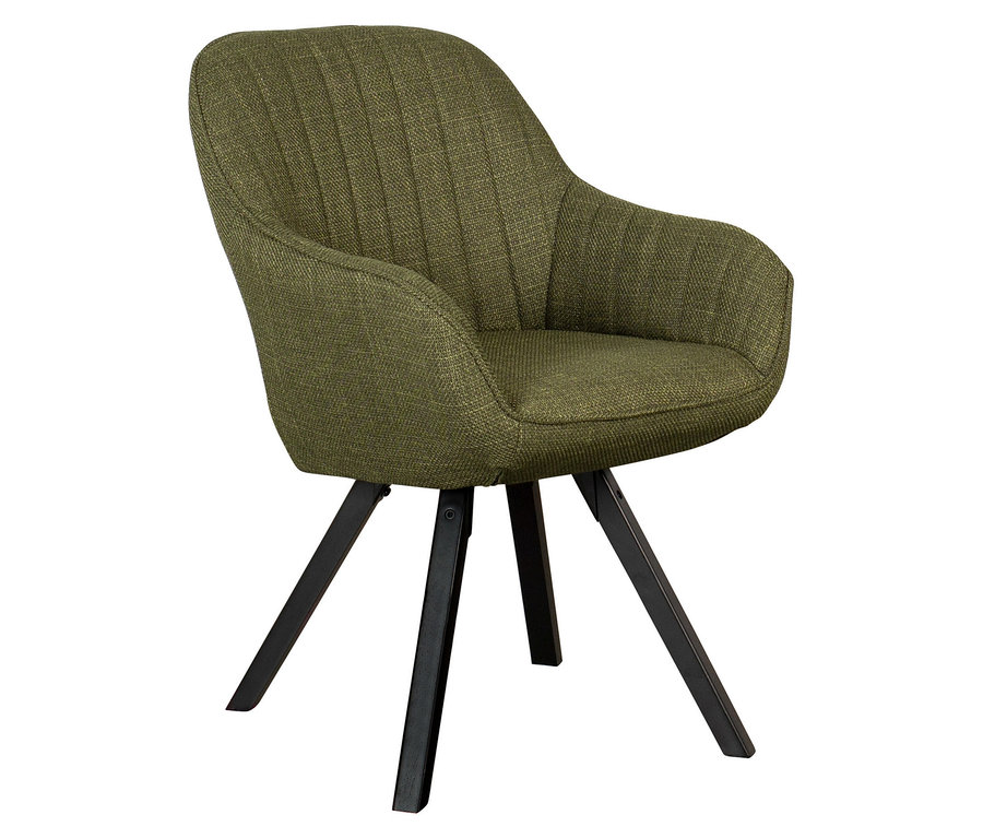 Ein einzelner olivgrüner Sessel mit Armlehnen und schwarzen Beinen auf weißem Hintergrund.