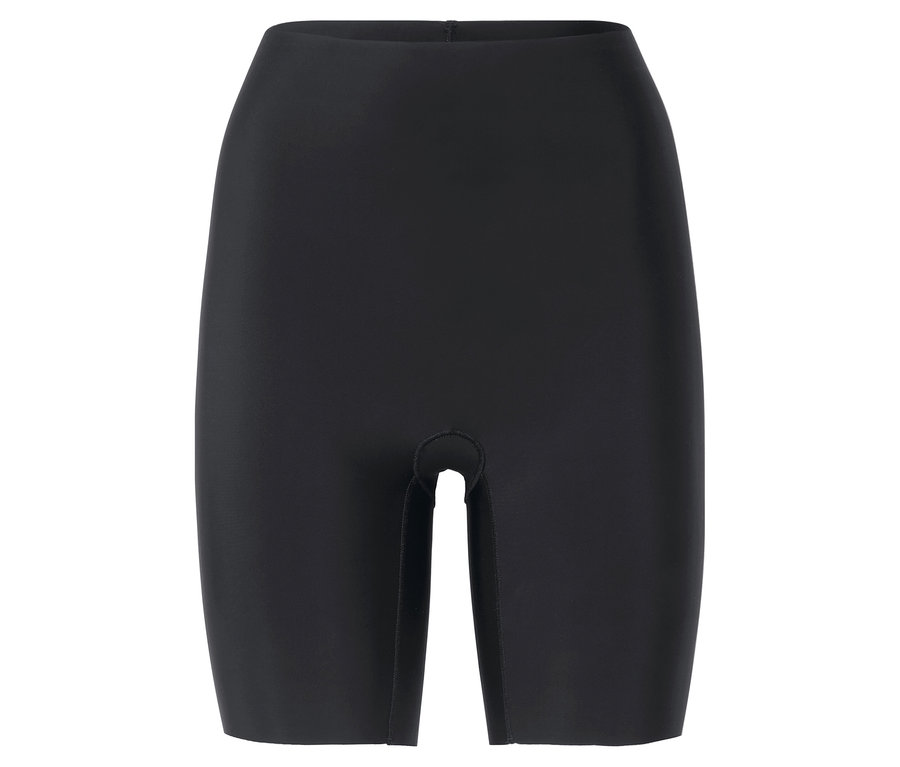 Schwarze Shapewear-Shorts vor einem weißen Hintergrund.