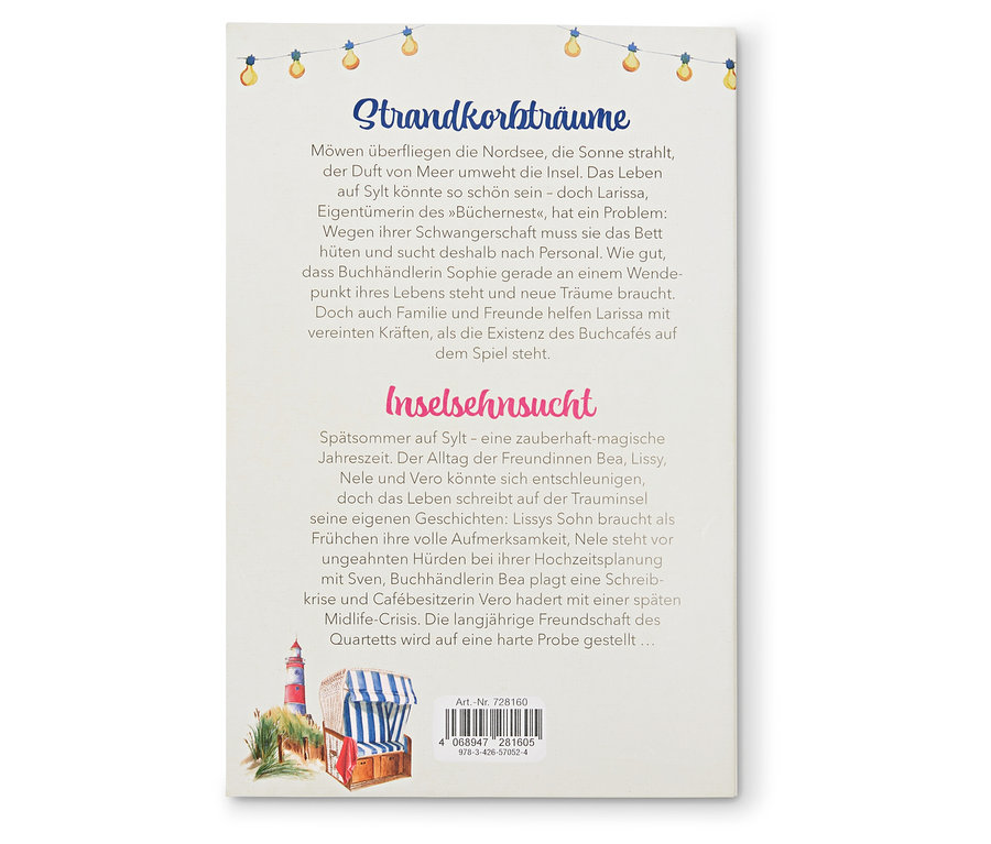 Buchcover mit Text und einer Illustration eines Strandkorbs am Meer.