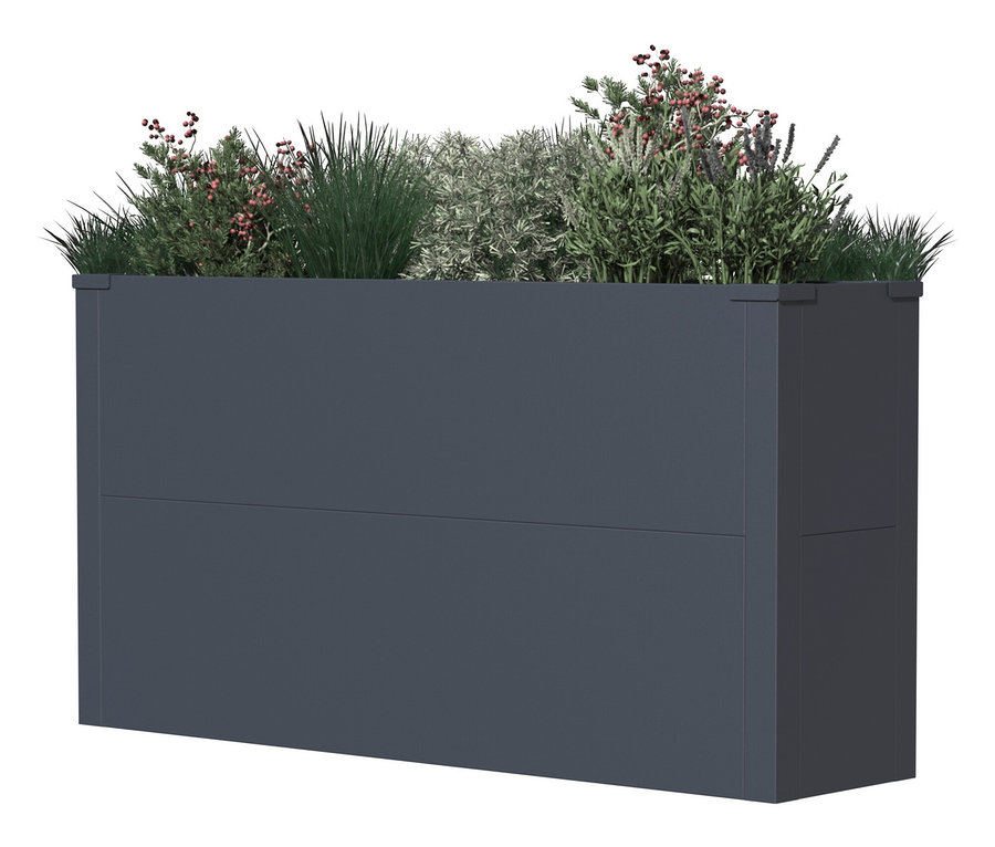 Anthrazitfarbener Pflanzkasten mit Einlegeboden, Höhe ca. 52cm, bepflanzt mit verschiedenen Grünpflanzen.