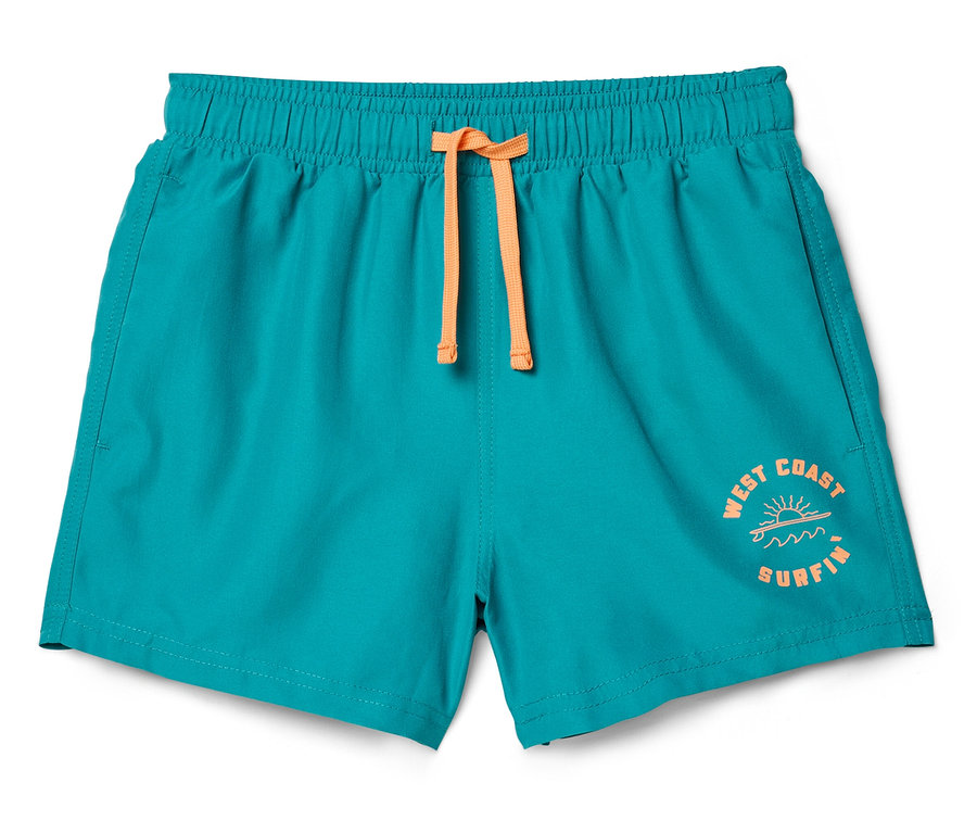 Türkisblaue Badehose mit orangefarbenem Kordelzug und Aufdruck "West Coast Surfing".