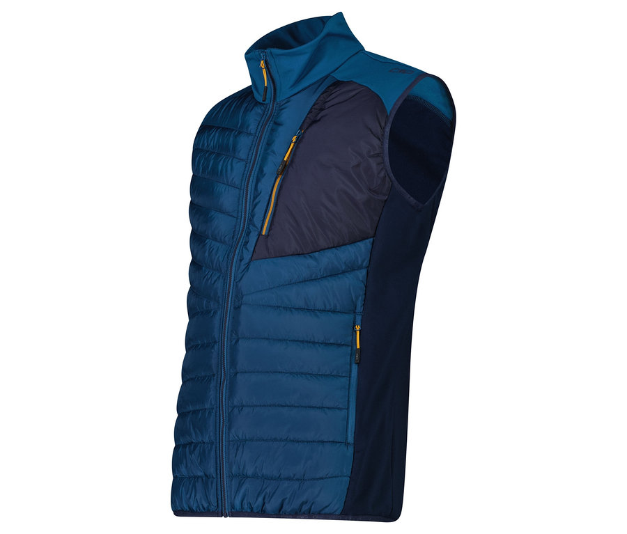 Eine marineblaue Steppweste mit marineblauen Fleece-Einsätzen an den Seiten und gelben Reißverschlüssen.