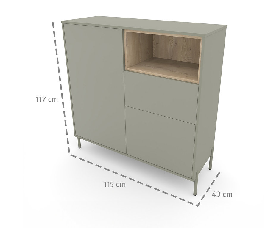 Salbeigrüne Highboard »Hygge« mit zwei Türen, offenem Holzfach und zwei Schubladen, Maße eingeblendet.