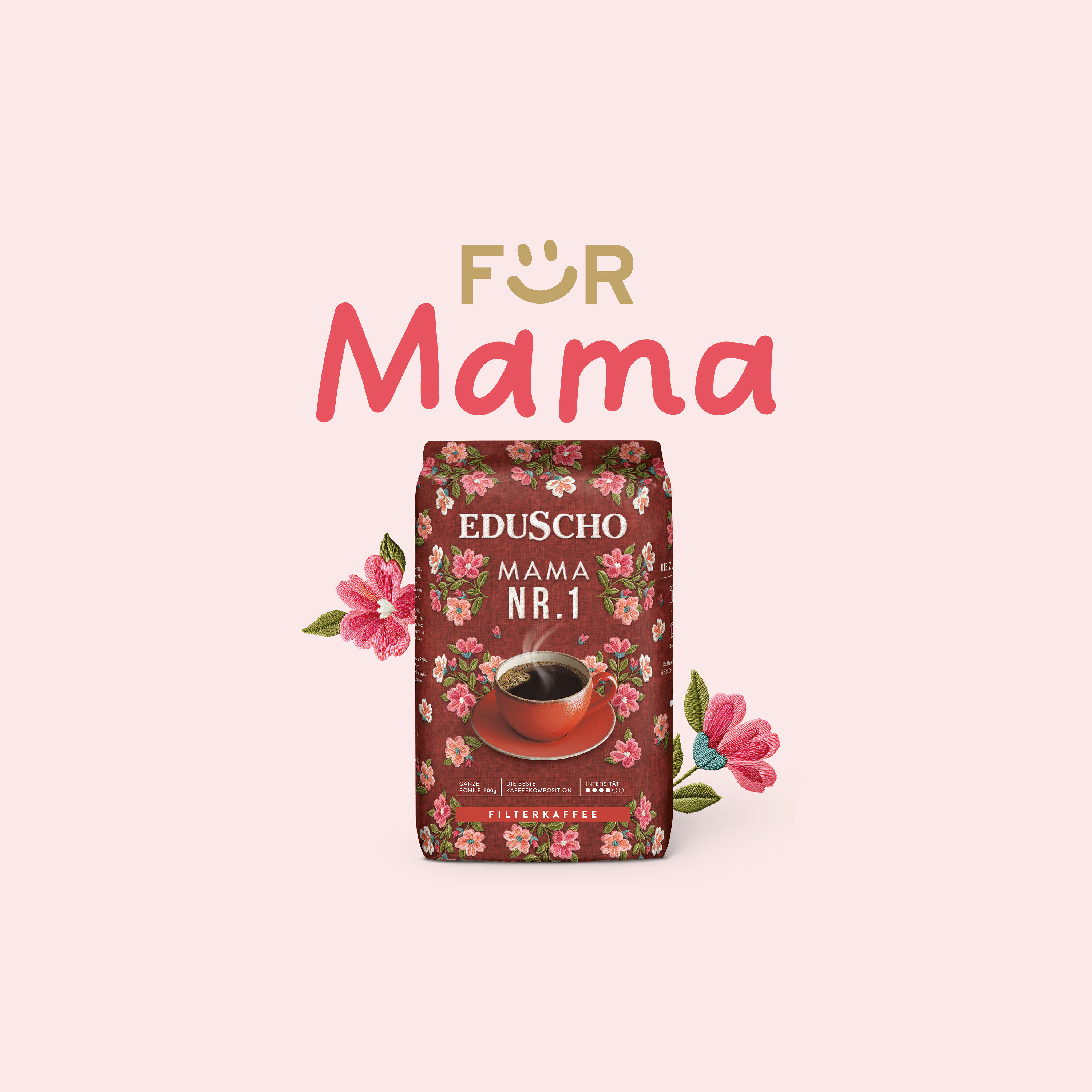 Eine Packung Eduscho Mama Nr. 1 Filterkaffee mit Blumenmuster steht vor dem Schriftzug Für Mama.