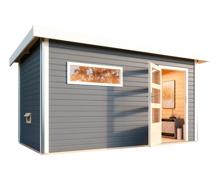 Karibu-Saunahaus »Logan 3« mit Fronteinstieg, inkl. 9kW-Bio-Kombiofen, Außenmaß ca. 396 x 231 cm.